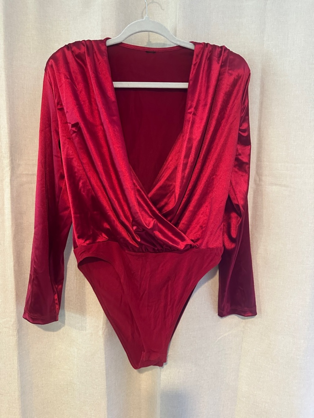 Red Satin Surplice Long-Sleeve Bodysuit